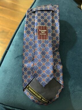 Ermenegildo Zegna Navy Blue Silk Tie with Red Diamond Motif